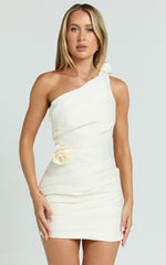 Sheeran Mini Dress - One Shoulder Rose Gathered Dress in Cream