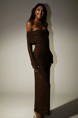 Marcel Off Shoulder Diamante Maxi Dress - Chocolate