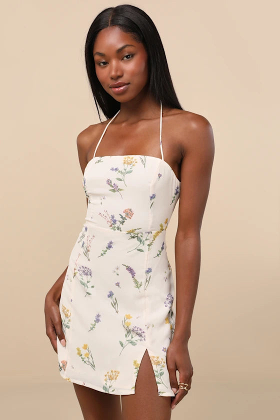 Catch the Bouquet Cream Floral Halter Lace-Up Mini Dress