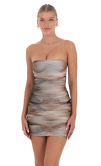 Swirl Mesh Strapless Bodycon Dress in Brown