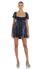 Sequin Puff Sleeve Baby Doll Dress in Navy